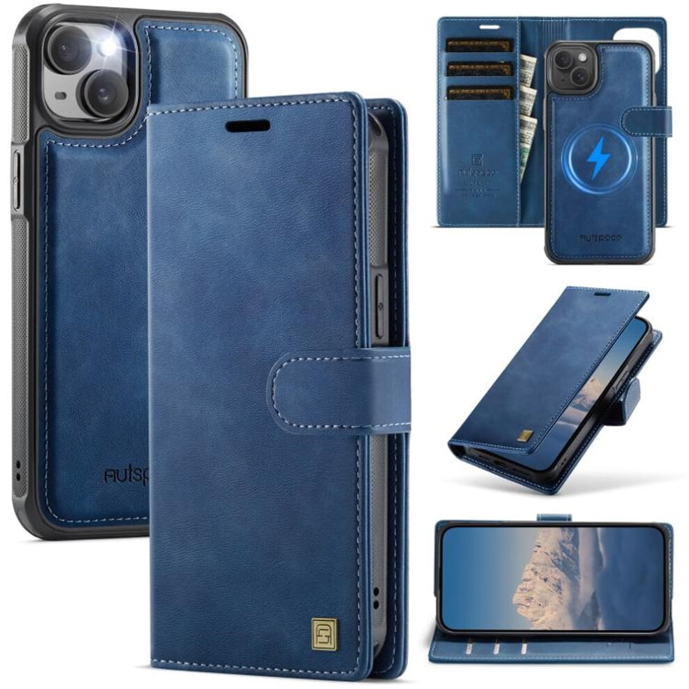 2-In-1 Detachable Magnetic Wallet Case For Iphone 15 Plus, Compatible With Magsafe, Pu Leather, Shockproof, Blue 9193271842286