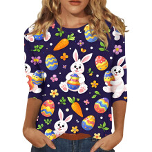 Hauts à manches 3/4 pour femmes, tailles S à 3XL, motif œufs rigolos, col rond, parfaits pour Pâques et l'été.