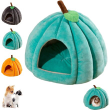 Pumpkin Cat Bed – Mjuk plyschgrotta med avtagbar kudde, halkfri botten, varmt gömställe för katter och små hundar (S/M/L, Orange/Blå/Grå)