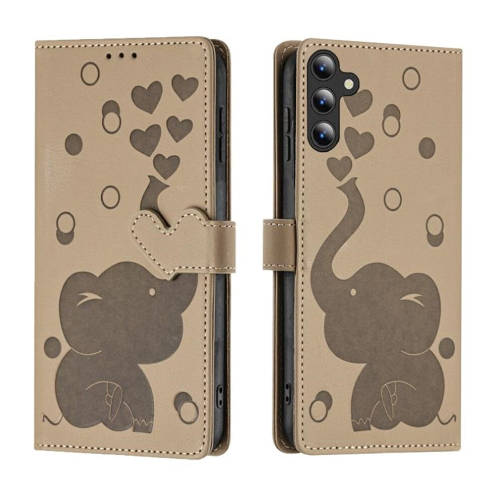 Pu Leather Flip Wallet Case For Samsung Galaxy S23 Fe 5G – Cartoon Elephant Embossed, Magnetic Closure, Card Slots, Hand Strap, Khaki 9193271842484