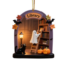 Geisterleseecke 2D Acryl-Ornament, gruseliger Halloween-Anhänger, Geister-Hängedekoration für Bücherliebhaber – Kompatibel mit D Style4