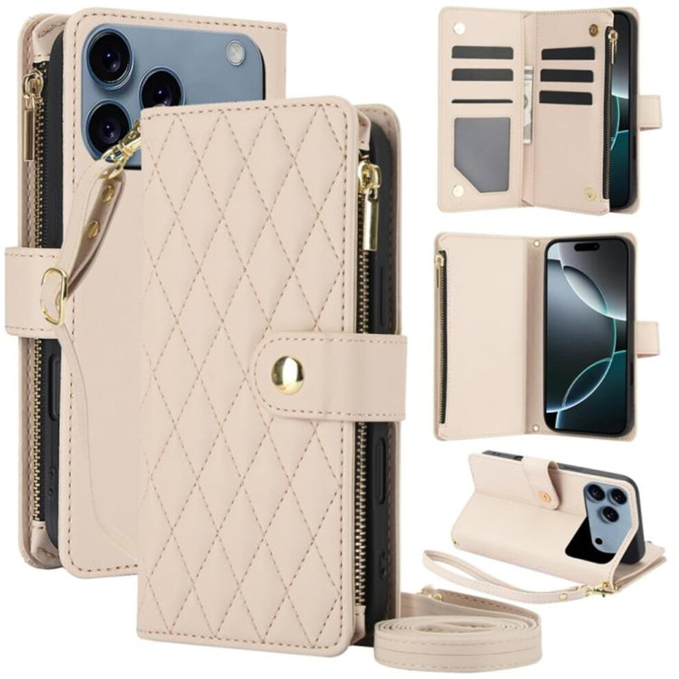 Rfid-Blocking Flip Wallet Case For Iphone 17 Pro Max 6.9" Â Beige, With Card Slots, Kickstand, Wrist Strap, Lanyard & Zipper Cream 9193271842811
