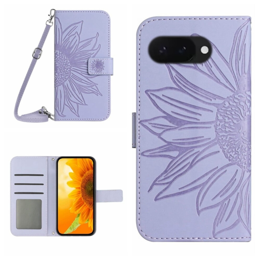 Pu Leather Flip Wallet Case For Google Pixel 9A (6.3") Â Sunflower Embossed, Strong Magnetic Closure, Card Slots, Adjustable Strap, Purple 9193271846123