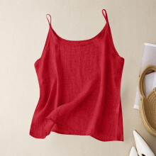 Women's Summer Vintage Cotton-linen Camisole Loose Inner Bottoming Sleeveless Top Wine Red L