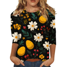 Hauts à manches 3/4 pour femmes, tailles S à 3XL, motif œufs rigolos, col rond, parfaits pour Pâques et l'été