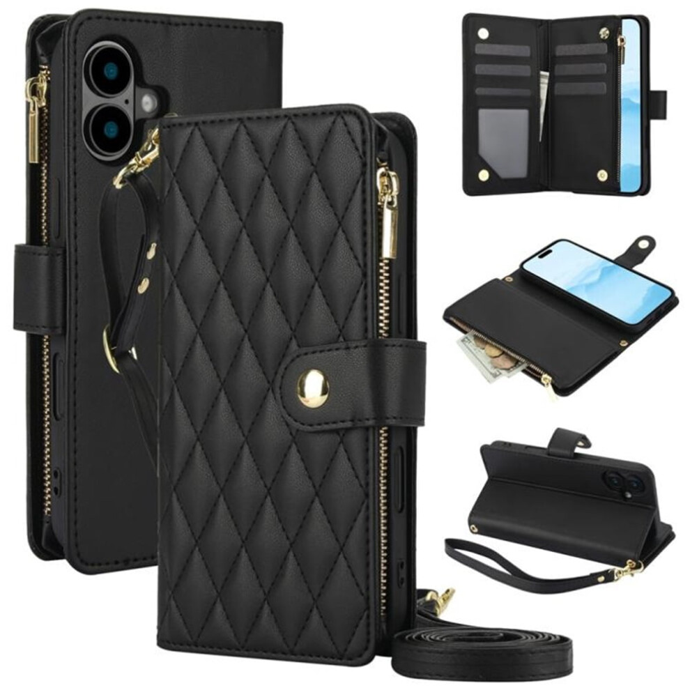 Rfid Blocking Flip Wallet Case For Iphone 16 Plus (6.7") Â 3-Card Slots, Kickstand, Wrist Strap, Lanyard & Zipper, Black 9193271843504