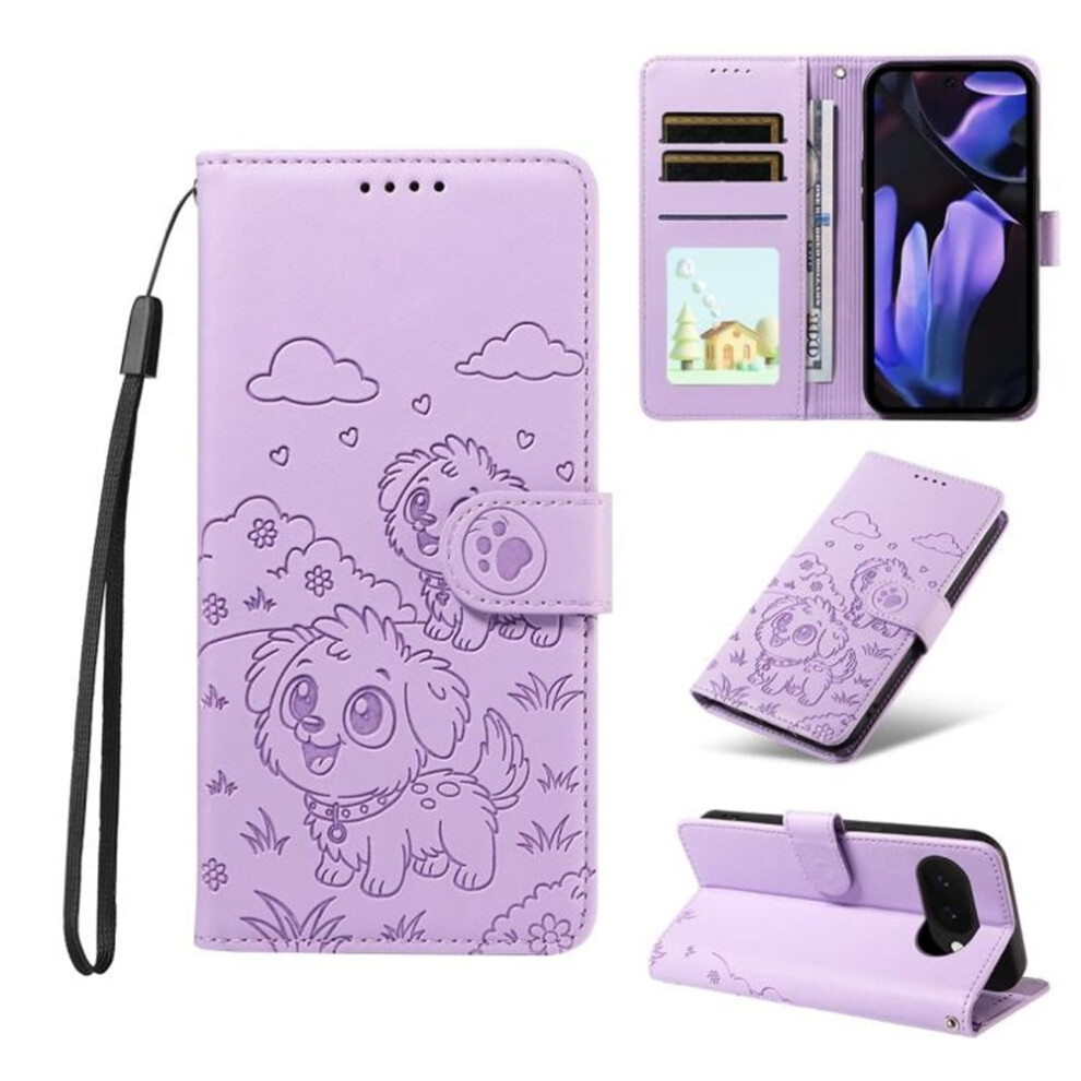 Dog Embossing Leather Phone Case For Google Pixel 9A Â Rfid Blocking, Wallet, Magnetic Clasp, Lanyard & Flip Stand Purple 9193271843849