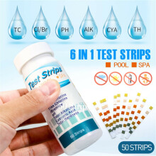 Water quality test paper,6 In 1 Multi-functional Acid Water Hardness Swimming Pool Spa Chlorine Test Strip Alkalinity PH Cyanuric Bromine 50 Pack