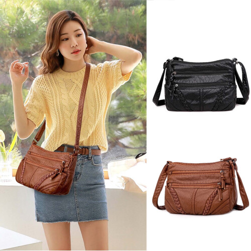 Bolsa transversal feminina em couro PU com vários bolsos.