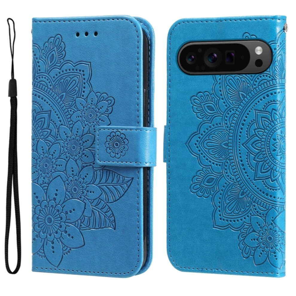 Pu Leather Flip Wallet Case For Google Pixel 9 (6.3"), With Magnetic Closure, Card Slots, Hanging Rope & Seven Petal Flower Emboss Â Compatible Blue 9418476702259