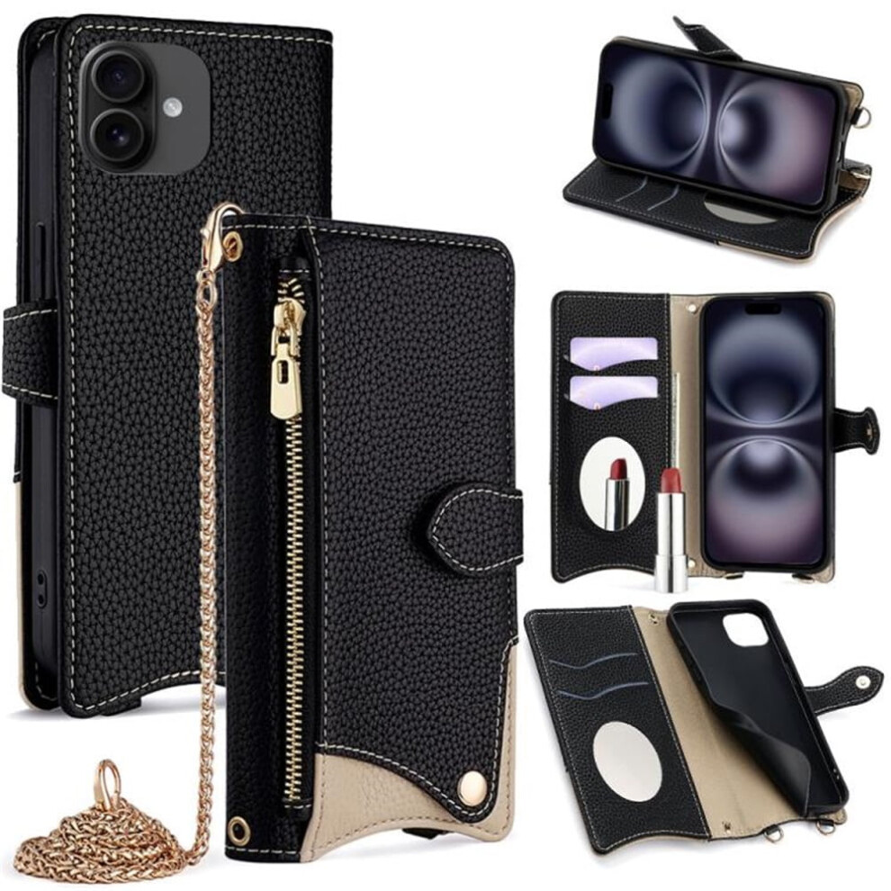Pu Leather Magnetic Flip Wallet Case For Iphone 16ÂMulti-Card Slots, Zipper Pocket, Hidden Mirror & Detachable Strap, Black 9418476703867