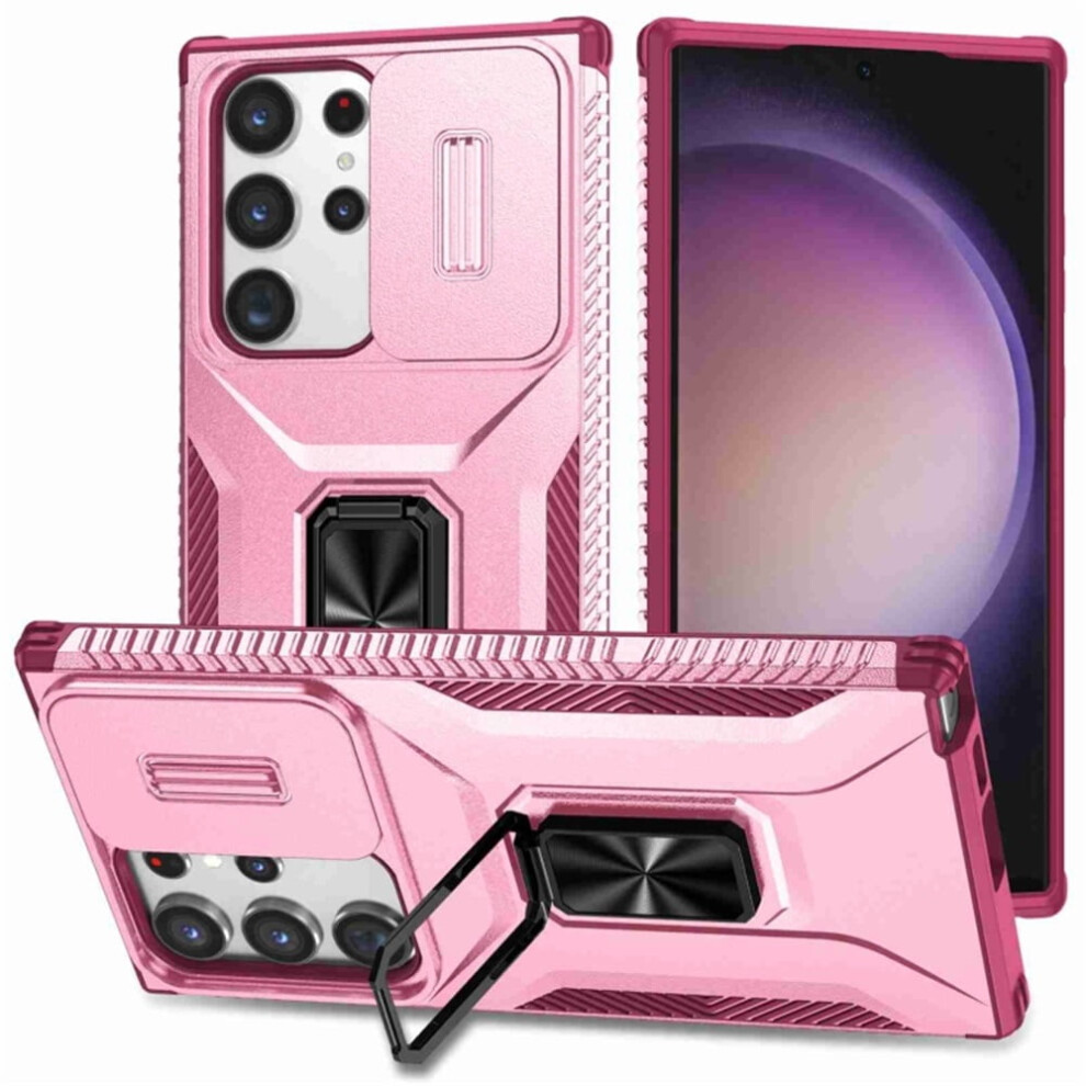 Slim Fit Shockproof Hybrid Case For Samsung Galaxy S23 Ultra 5GâSlide Camera Cover, Rotating Ring Kickstand, Military-Grade, Pink 9170372148257