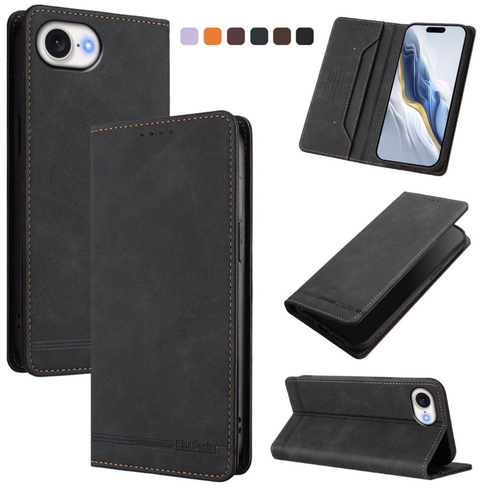 Magnetic Phone Case For Iphone 16E 6.1": Rfid Blocking, Card/Cash Slots, Kickstand, Shockproof Flip Folio, Black 9152228541825