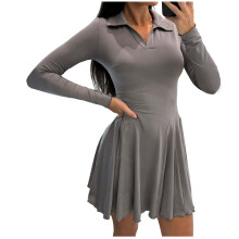 Lässiges Damenkleid mit V-Ausschnitt und langen Ärmeln, einfarbig, dehnbar