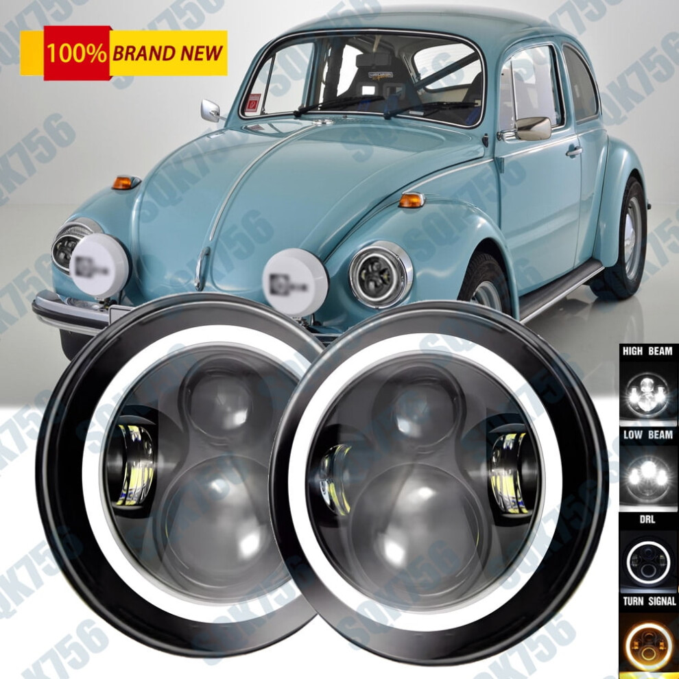 For 1967-1979 Vw Beetle 7" Inch Led Headlight High Low Sealed Beam Halo Ring Drl 9418476704604