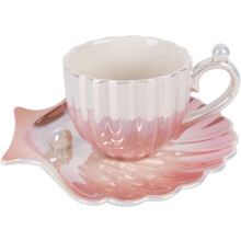 Ceramic Coffee Mug with Saucer, Creative Pearl Shell Cup, Cute Coffee Mugs for Office and Home, 6.5 oz/200 ml for Tea Latte Milk (Gradient Pink)