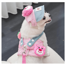 Cat Puppy Costume Sun Hat Leash Vest Harness 3pcs Set Cute Plaid Pattern Cartoon Plush Decor Pet Accessories for Cat Small Dog Gifts Choice (Pink,S)