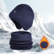 Fleece Lined Winter Hat and Scarf Set, Thermal Knit Beanie with Ear Flaps, Unisex Cold Weather Set for Skiing and Outdoor Activities Navy