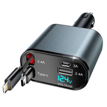 120W 4-in-1 Retractable Car Charger with 2 USB Ports, Compatible with iPhone 15/14/13/12 Pro Max XR, iPad, Samsung, Pixel