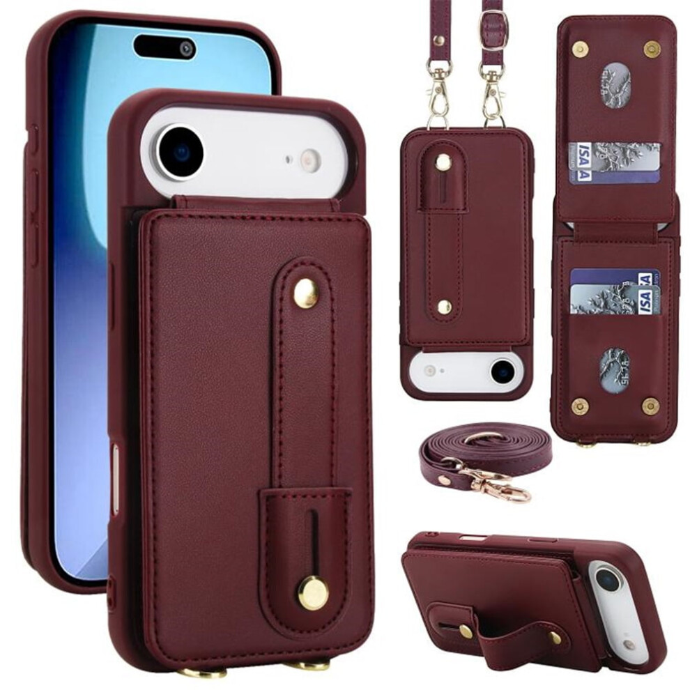 Premium Pu Leather Flip Wallet Case With Wristband & Card Slots, Detachable Crossbody, Wine Â Compatible With Iphone Air Red 9418476705434