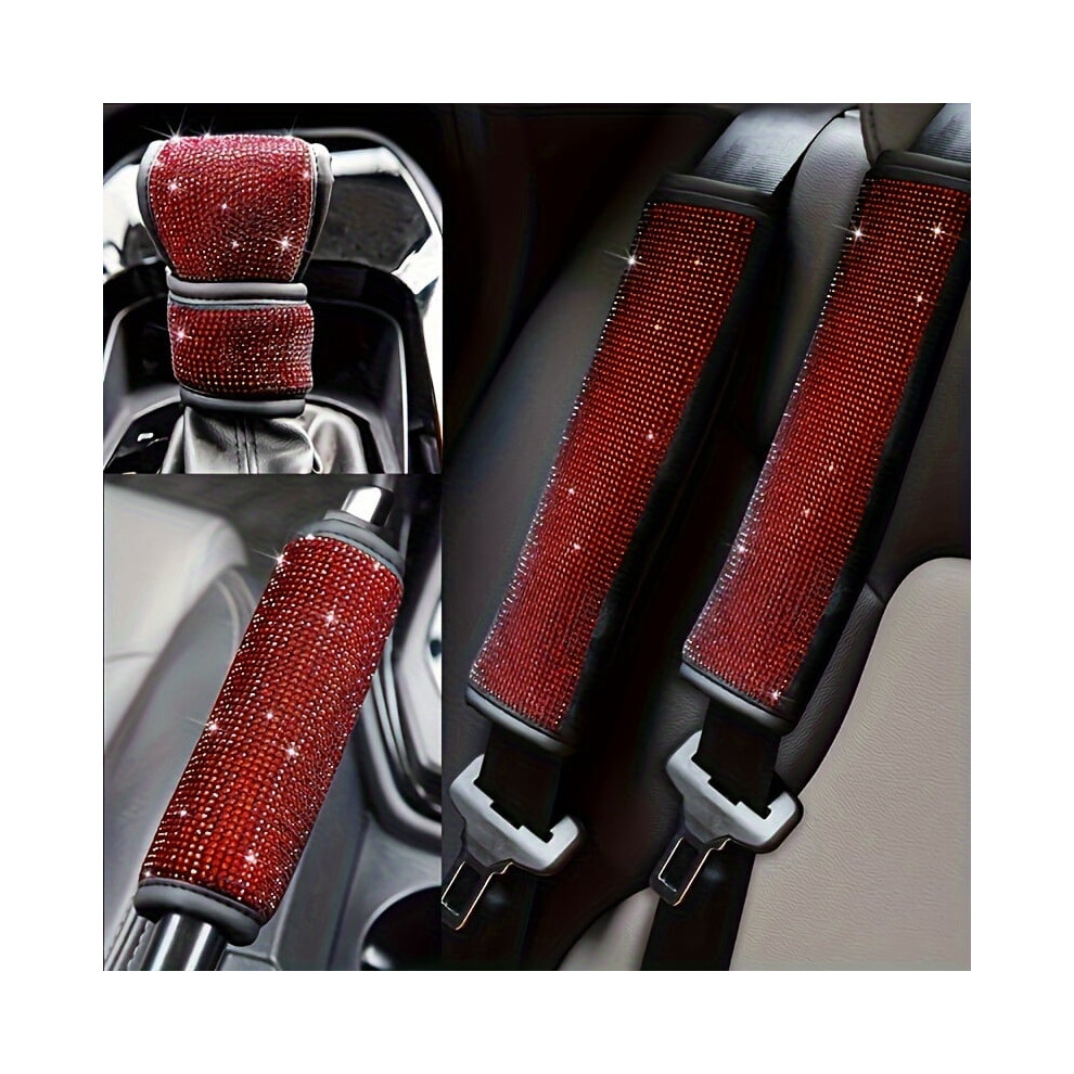 Four-Piece Car Seat Belt Shoulder Pad, Gear Shift Cover, Handbrake Cover Interior Set With Rhinestone Embellishments 9152228543522