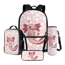 Axolotl Heart Print 4-in-1 School Backpack Set with Lunch Box, Pencil Case & Water Bottle Holder – Compatible with Kindergarten & Elementary
