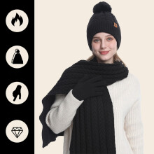Women's Winter Knit Set with Pom Pom, Fleece Lined Cuffed Beanie, Thermal Scarf & Gloves, 3-Piece Unisex Accessories Set, Skiing Outdoor Set Black