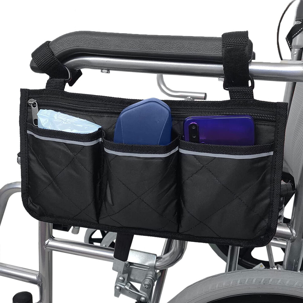 Black Wheelchair Armrest Side Bag, Waterproof Armrest Pouch Bag With Bright Line,Wheelchair Side Organizer For Walkers, Rollators, Scooters (Black)