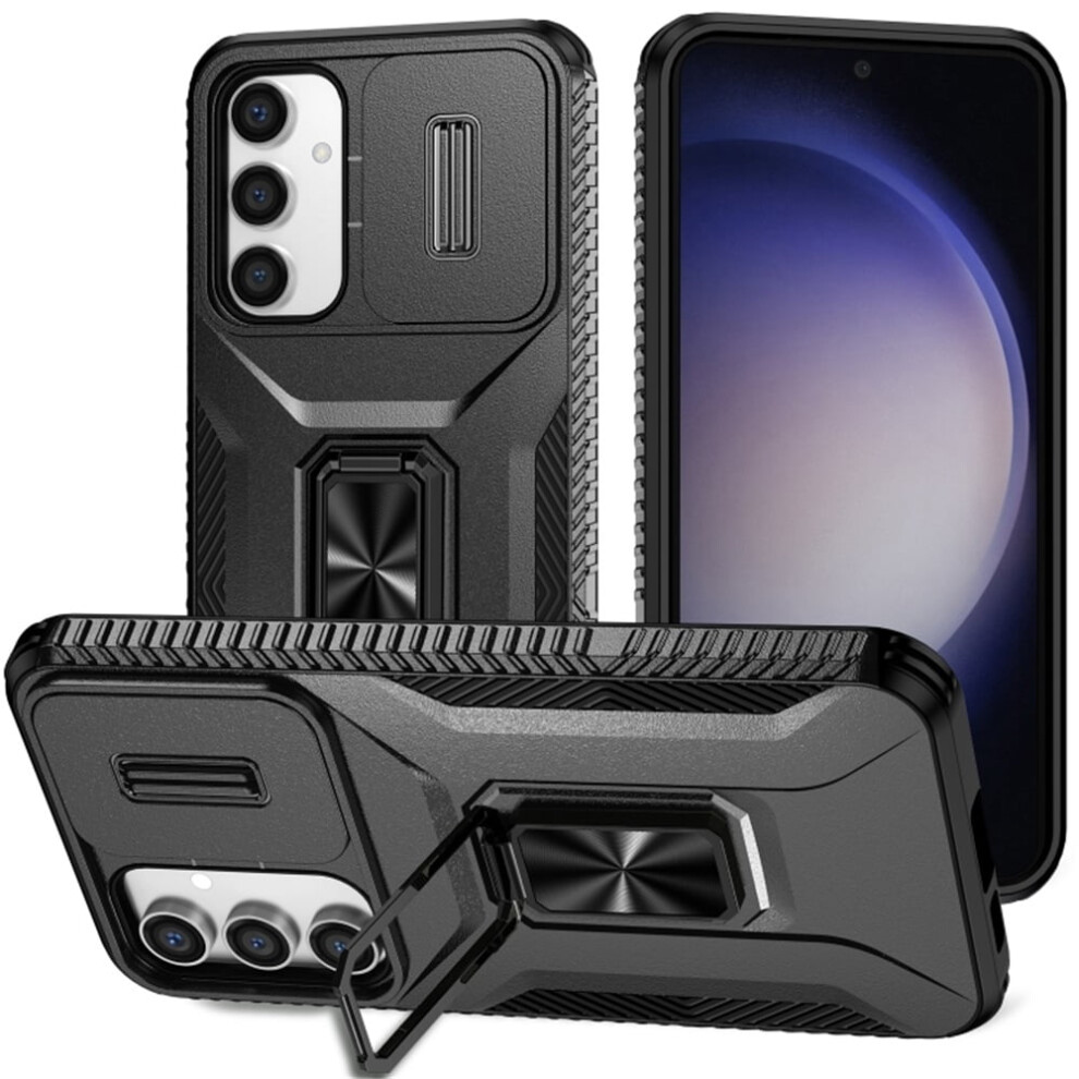 Shockproof Hybrid Case For Samsung Galaxy S23 Fe 5G – Slim Fit, Slide Camera Cover, Rotating Ring Kickstand, Military-Grade, Black 9170372152735