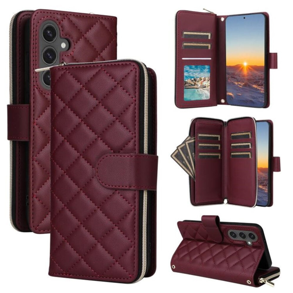 Magnetic Flip Wallet Case For Samsung Galaxy S25 Fe 5G Â 9-Card Slots, Zipper Pocket, Detachable Shoulder & Wrist Straps, Wine Red 9170372152506