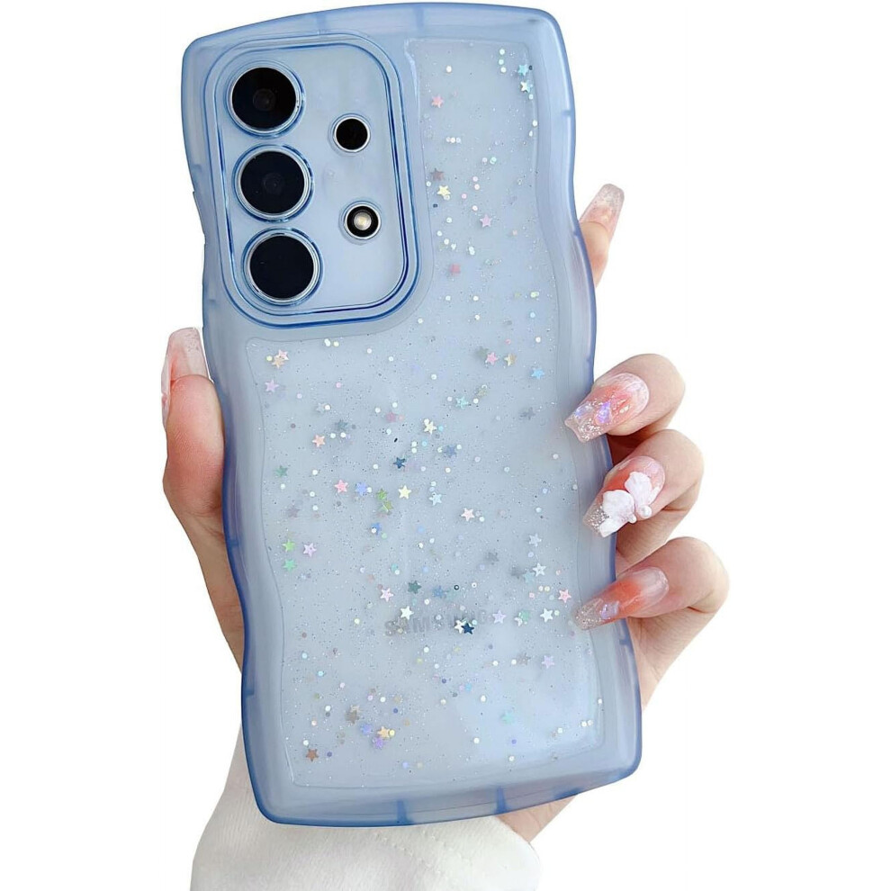Compatible With Galaxy A52 5G: Glitter Bling Silicone Case For Women—Curly Wave Frame, Camera Lens Protector, Shockproof, Blue 9405492276192