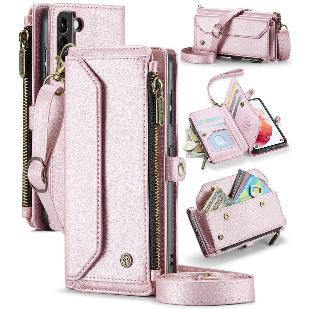 Caseme Leather Wallet Case For Compatible With Samsung Galaxy S21 6.2" Â Rfid Blocking, 7-Card Holder, Zipper Bills Slot, Magnetic Wrist Strap 9165521653645