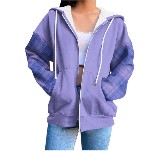 Felpa con cappuccio e zip da donna a quadri con tasca