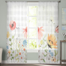 Sheer Curtains 72" L, Rustic Pink/Yellow Floral & Grey Plaid, Light Filtering, Rod Pocket, Voile Drapes for Bedroom/Living Room – 52"W x 72"L, 2
