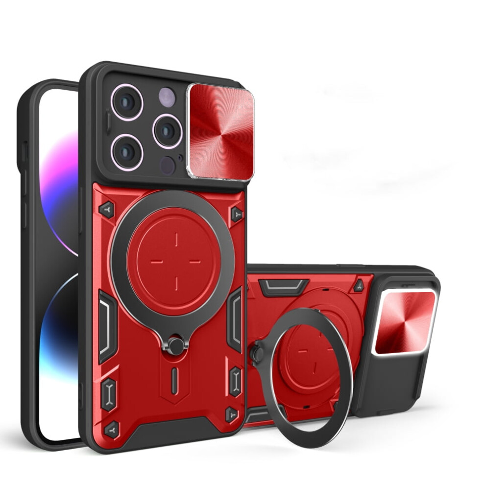 Heavy Duty Case For Iphone 14 Pro 6.1", Magnetic Car Mount, Sliding Lens Cover, Rugged Pc+Tpu Shockproof Case, Red 9165521651702