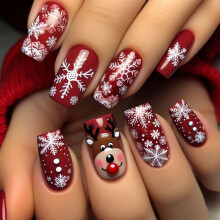 Schattige eland-sneeuwvlok plaknagels, kort vierkant, glanzende kerstnagels, herbruikbaar, geschikt voor doe-het-zelf nail art
