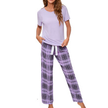 Nachtkleding voor dames: geruite loungebroek, zachte stretch loungebroek van katoenmix met trekkoord in de taille, praktische zijzakken en ademend