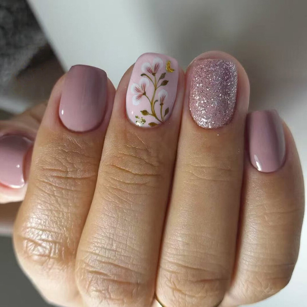24 Pcs Short Square Simple Acrylic False Nails Glittering Artificial Nails Flowers on Nails