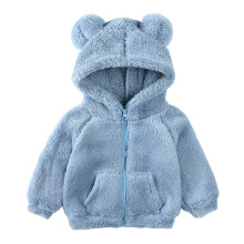 Unisex-Fleece-Hoodie für Kleinkinder mit Bärenohren, Kunstlammwolle, durchgehendem Reißverschluss und Taschen – Blau, Größe 3T