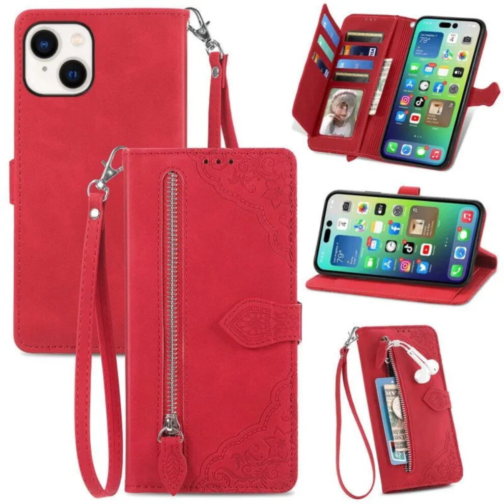 Magnetic Leather Wallet Case With Zipper, Kickstand & Wrist Strap For Iphone 15 Plus (6.7") Â Red 9558633060058