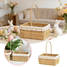 Square Spring Woven Picnic Basket with Lace & Pearl – Easter Wicker Egg Basket, Handmade Floral Decoration, Sturdy Rattan Storage Container