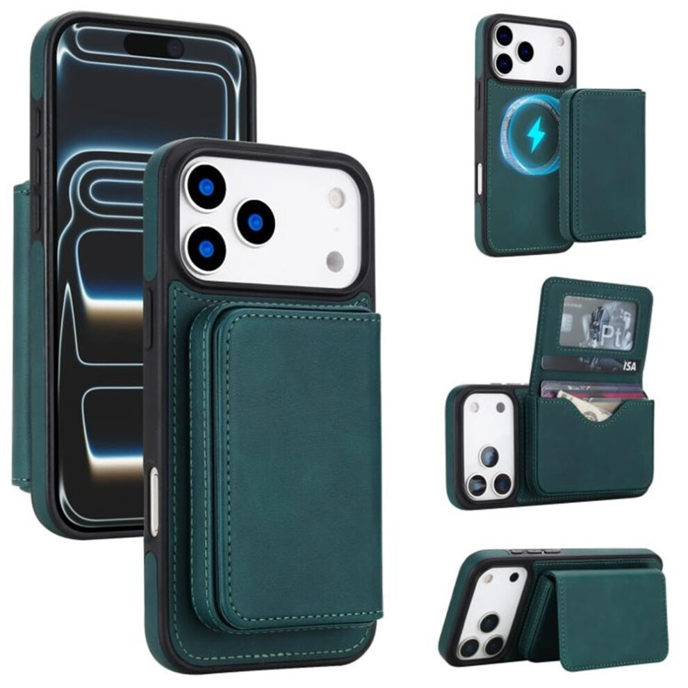 Rfid-Blocking Leather Case For Iphone 17 Pro Max Â Magsafe Kickstand, Flip Card Holder, Shockproof, Green 9193271849230
