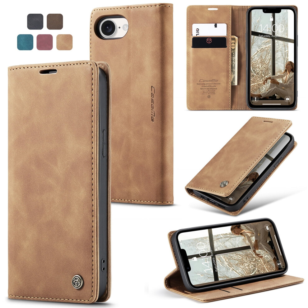 Caseme Leather Flip Wallet Case For Compatible With Iphone 16E – Magnetic Closure, Card Holder, Shockproof, Kickstand Brown 9485826647478