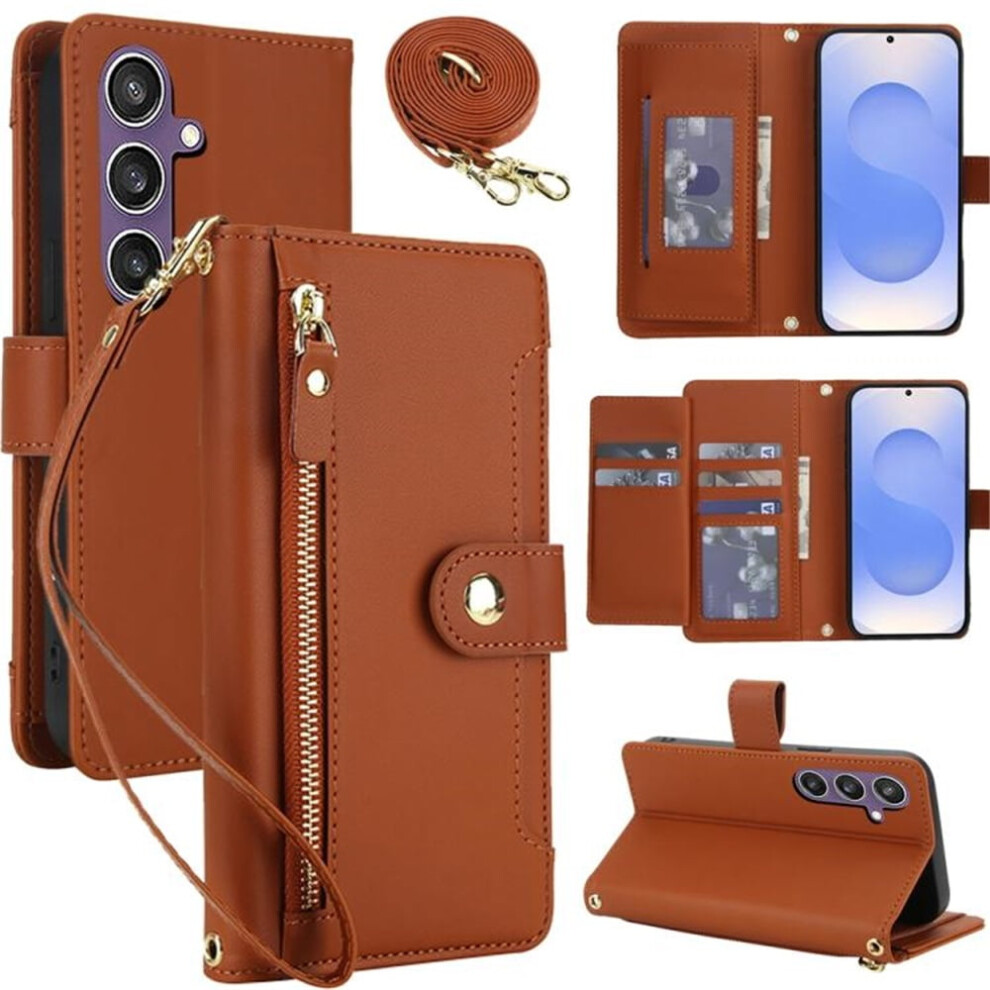 Rfid-Blocking Wallet Case For Samsung Galaxy S25 Fe 5G (6.7"), Shockproof, Multi-Card Slots, Zipper Pocket, Detachable Straps, Brown 9193271849902