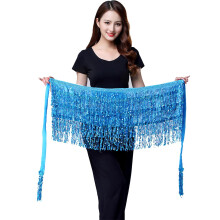 Women's Light Blue Sequined Tassel Dance Skirt, Adjustable Waist Hip Scarf – Compatible with Belly Dance, Rave & Festival
