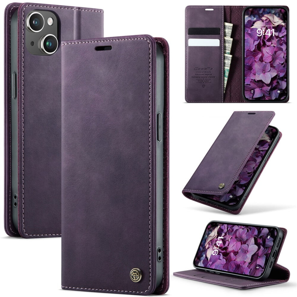 Caseme Calf Leather Wallet Case For Iphone 13 6.1" Â Rfid Blocking, Magnetic Closure, Card/Cash Slots, Kickstand, Shockproof, Purple 9485826649274