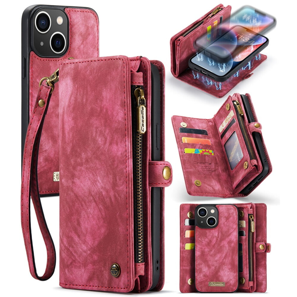 Caseme Leather Wallet Case For Iphone 14 Â Detachable 8-Card Holder, Zipper Bills Slot, Magnetic Shockproof Flip Cover, Red 9193271850083