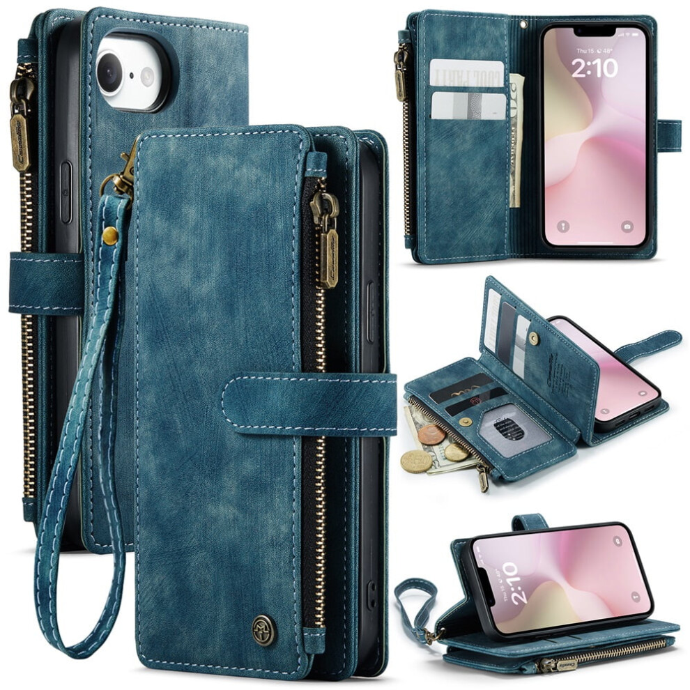 Caseme Wallet Case For Iphone 16E Â Pu Leather Magnetic Flip, Lanyard Strap, Zipper Card Holder, 6.1-Inch Blue 9193271848783
