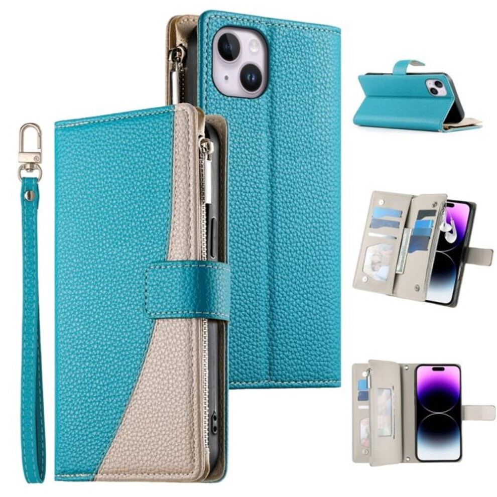 Pu Leather Flip Wallet Case For Iphone 14 Plus 6.7" Â Splicing Design, Multi Card Slots, Pocket, Zipper, Strong Magnetic Closure, Hanging Rope Blue 9152228544611