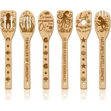 6Pcs Ocean Octopus Wooden Spoons Set – Bamboo Carved Cooking Utensils, Engraved Spatulas, Kitchen Gift (Compatible with All Cooktops)
